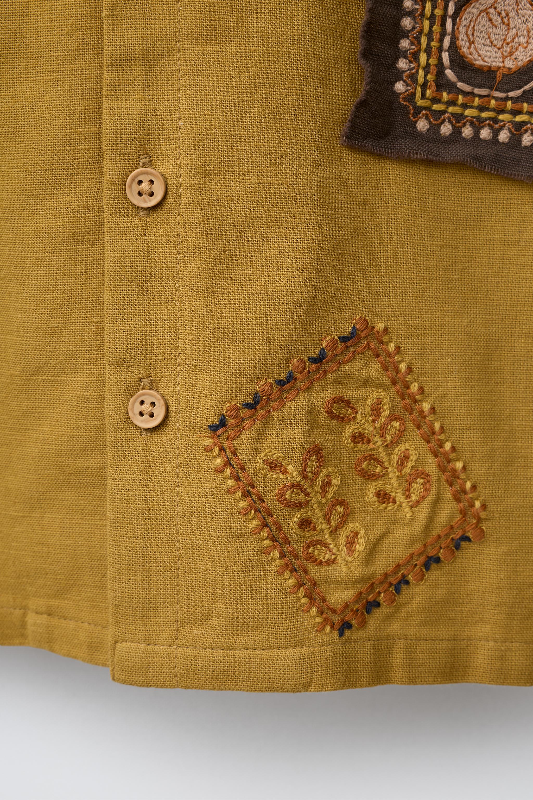 COTTON LINEN BLEND BOWLING SHIRT WITH PATCHES